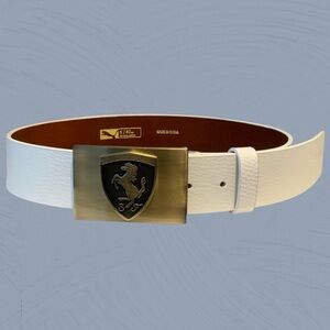 FERRARI Scuderia X PUMA White Pebbled Leather Buckle Belt Mens Size 36” Like New